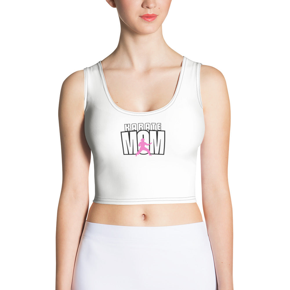 Karate Mom crop top with smooth, body-hugging stretchy fabric—martial arts–themed athletic apparel for moms