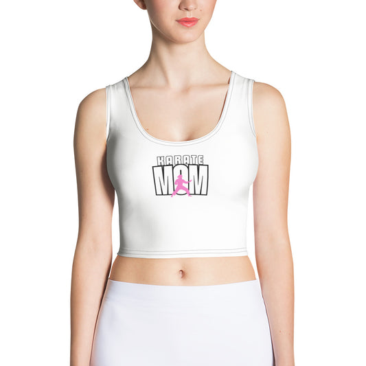 Karate Mom crop top with smooth, body-hugging stretchy fabric—martial arts–themed athletic apparel for moms