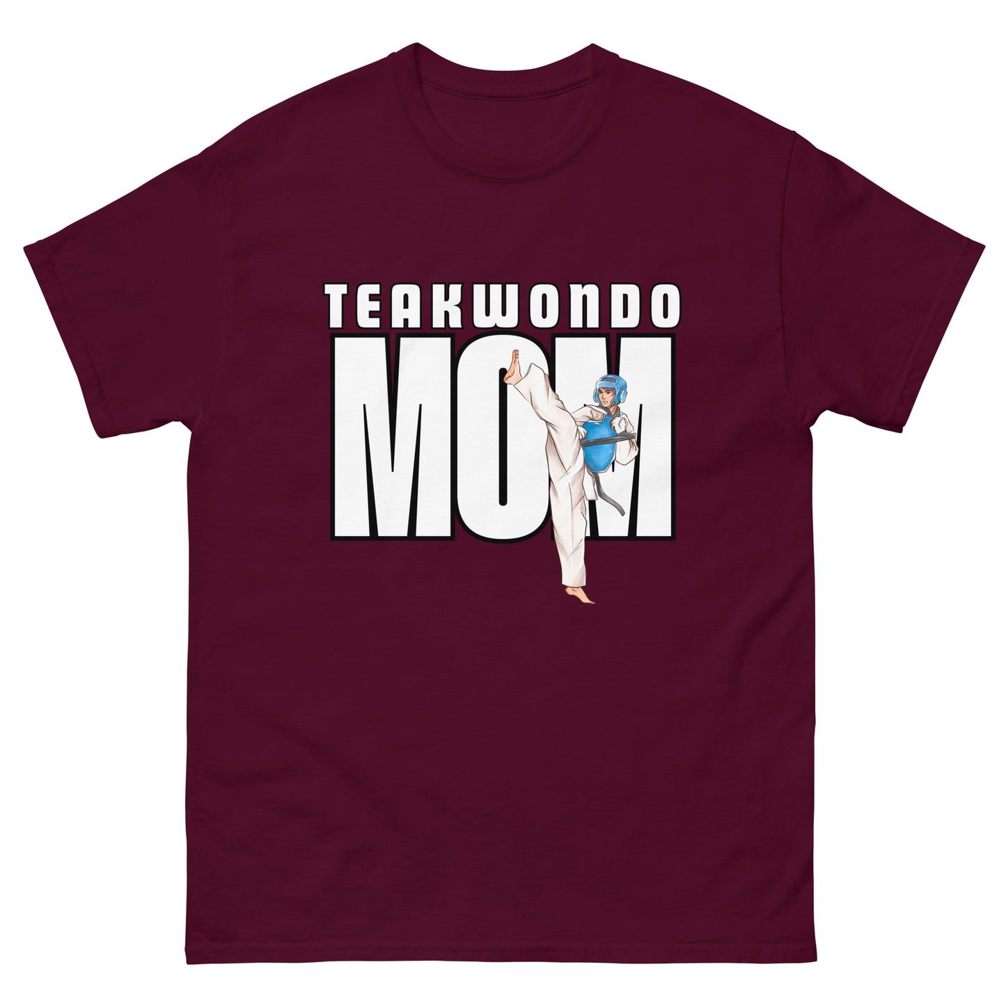 Unisex Taekwondo Mom classic-fit cotton t-shirt in martial arts-themed design for proud Taekwondo parents by FitKickor.