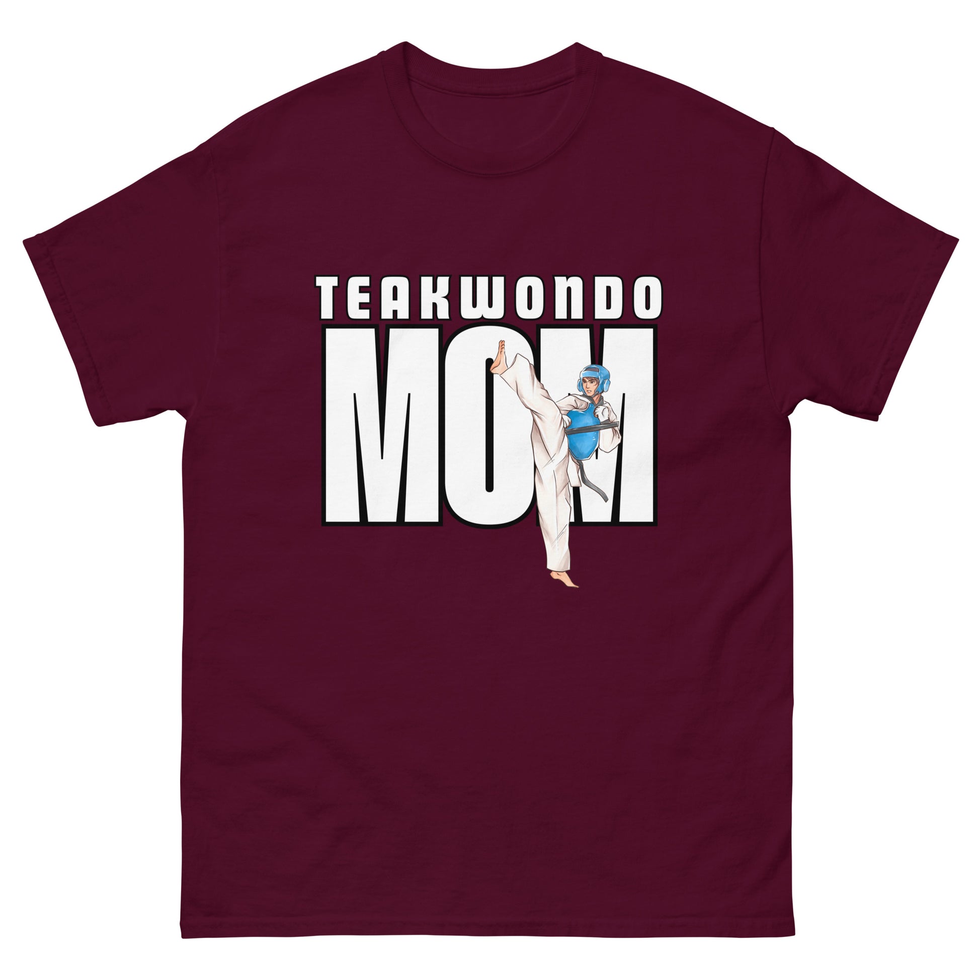 Unisex Taekwondo Mom classic-fit cotton t-shirt in martial arts-themed design for proud Taekwondo parents by FitKickor.