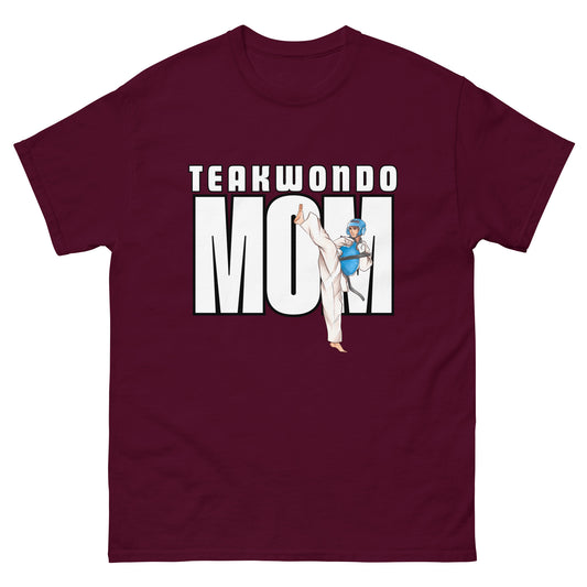 Unisex Taekwondo Mom classic-fit cotton t-shirt in martial arts-themed design for proud Taekwondo parents by FitKickor.
