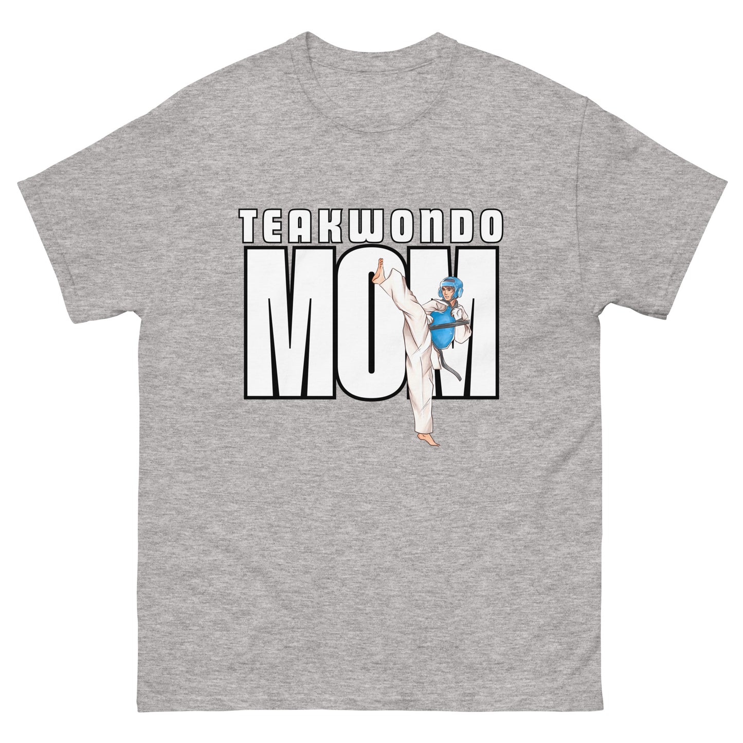 Unisex Taekwondo Mom classic-fit cotton t-shirt in martial arts-themed design for proud Taekwondo parents by FitKickor.