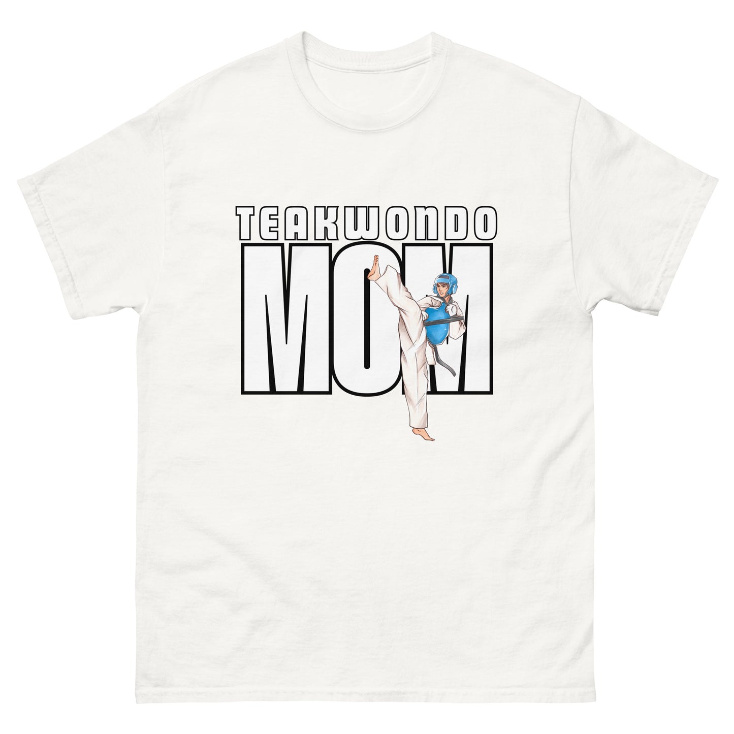 Unisex Taekwondo Mom classic-fit cotton t-shirt in martial arts-themed design for proud Taekwondo parents by FitKickor.