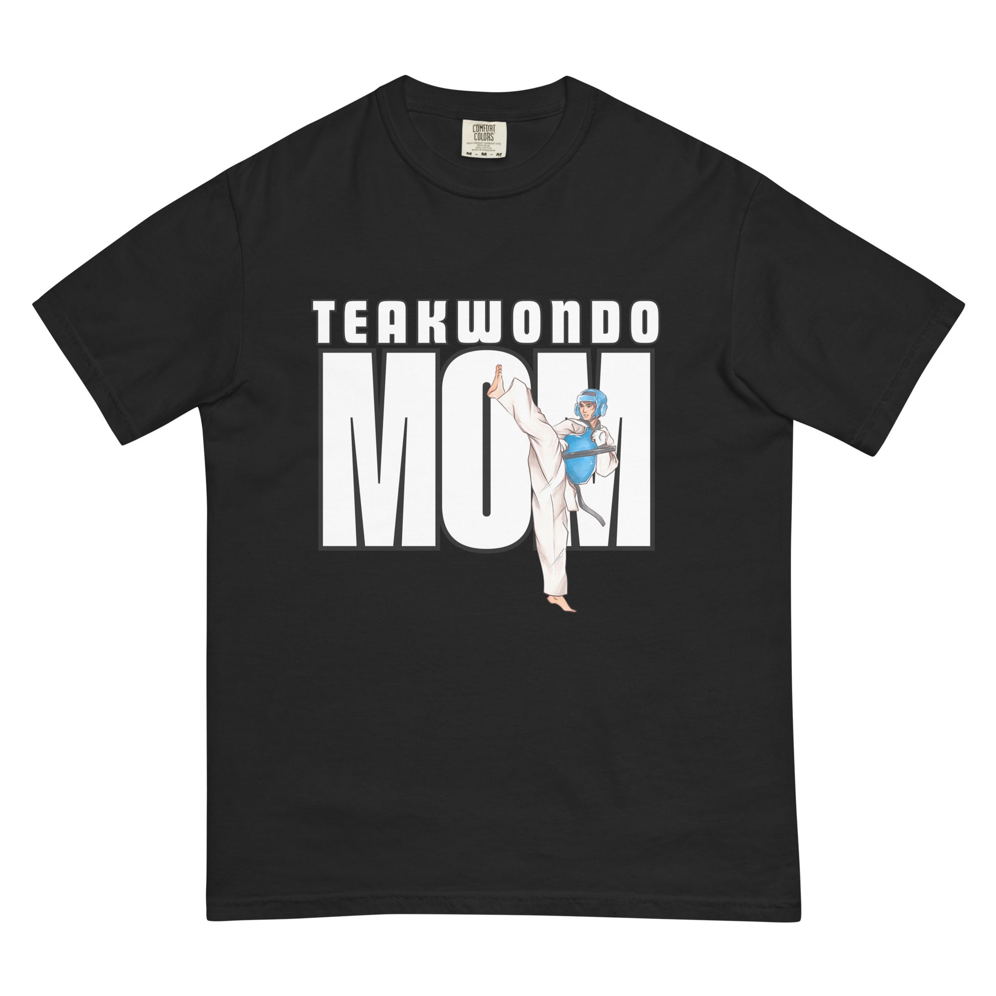 “Taekwondo MOM unisex heavyweight t-shirt in black, featuring a bold design on a thick, structured cotton tee."