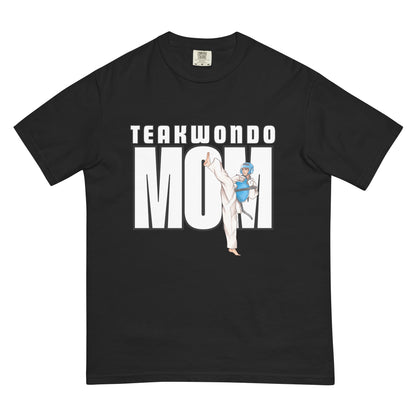 “Taekwondo MOM unisex heavyweight t-shirt in black, featuring a bold design on a thick, structured cotton tee."