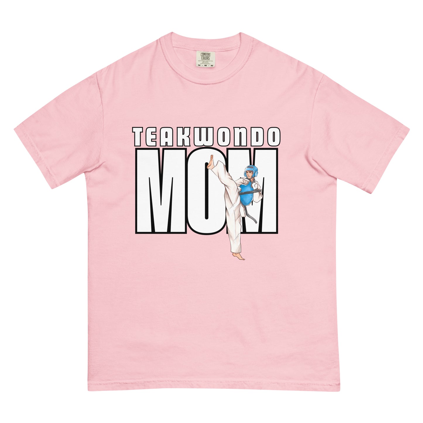 “Taekwondo MOM unisex heavyweight t-shirt in blossom, a soft pastel pink that adds a warm and cheerful look.”