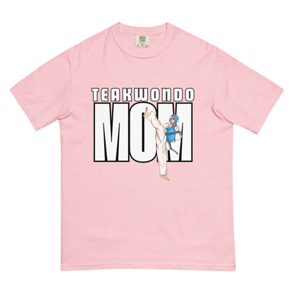 “Taekwondo MOM unisex heavyweight t-shirt in blossom, a soft pastel pink that adds a warm and cheerful look.”