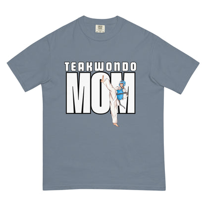 “Taekwondo MOM unisex heavyweight t-shirt in blue jean, a washed-out denim blue tone with a vintage feel.”