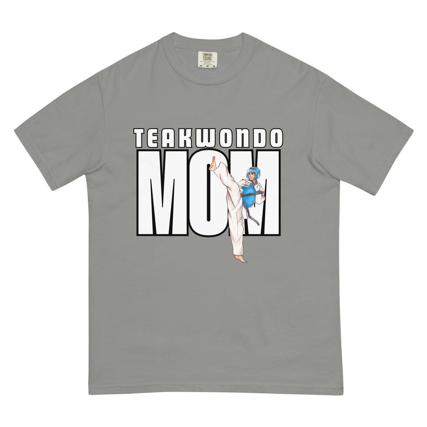 “Taekwondo MOM unisex heavyweight t-shirt in grey, a neutral garment-dyed shade perfect for everyday wear.”