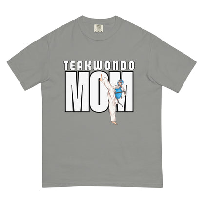 “Taekwondo MOM unisex heavyweight t-shirt in grey, a neutral garment-dyed shade perfect for everyday wear.”