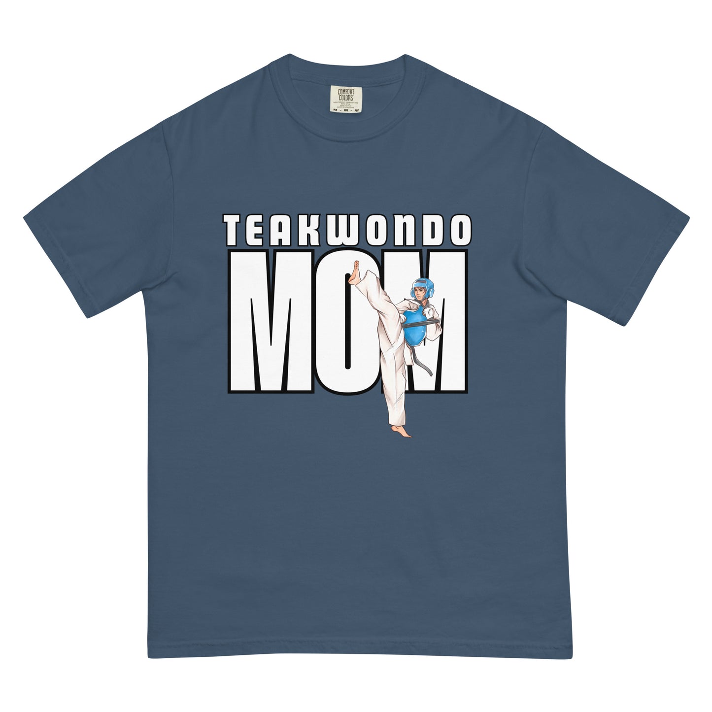 “Taekwondo MOM unisex heavyweight t-shirt in deep midnight blue, offering a dark, sleek martial-arts-inspired look.”