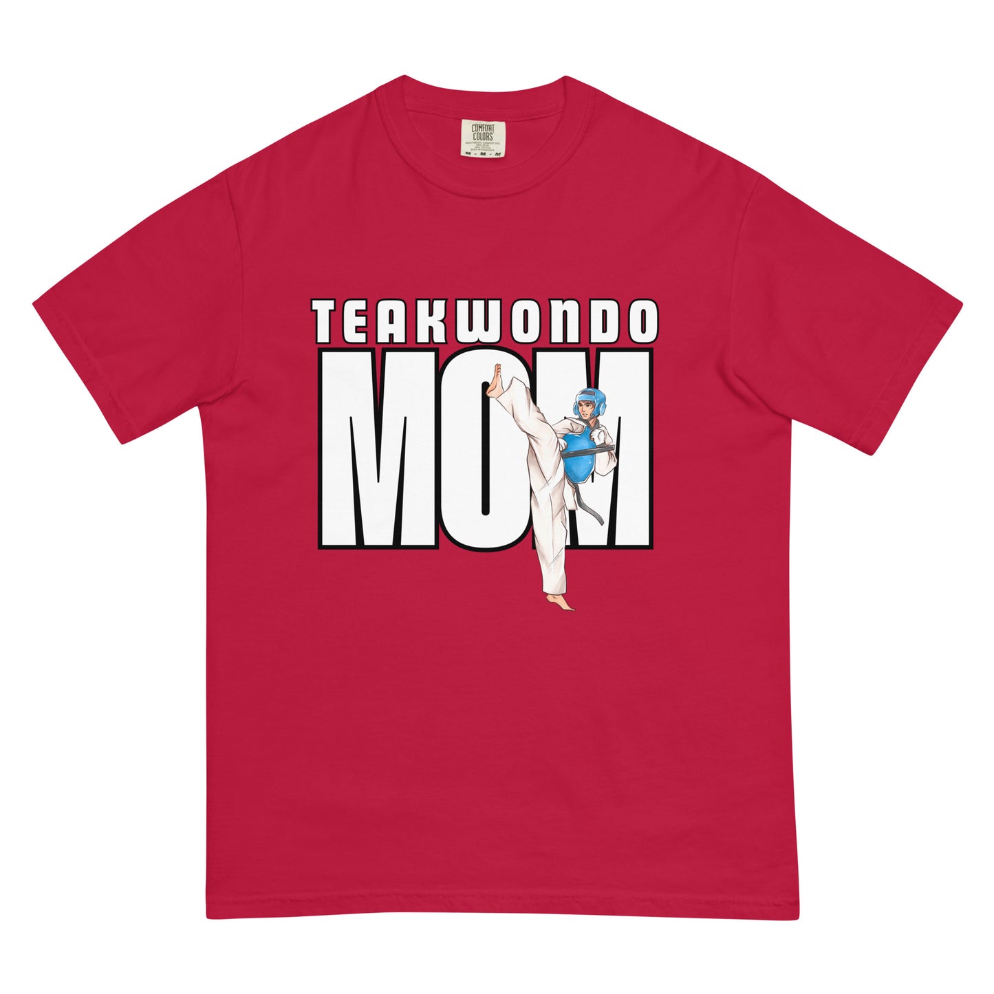 “Taekwondo MOM unisex heavyweight t-shirt in vibrant red, garment-dyed for a rich, long-lasting color.”
