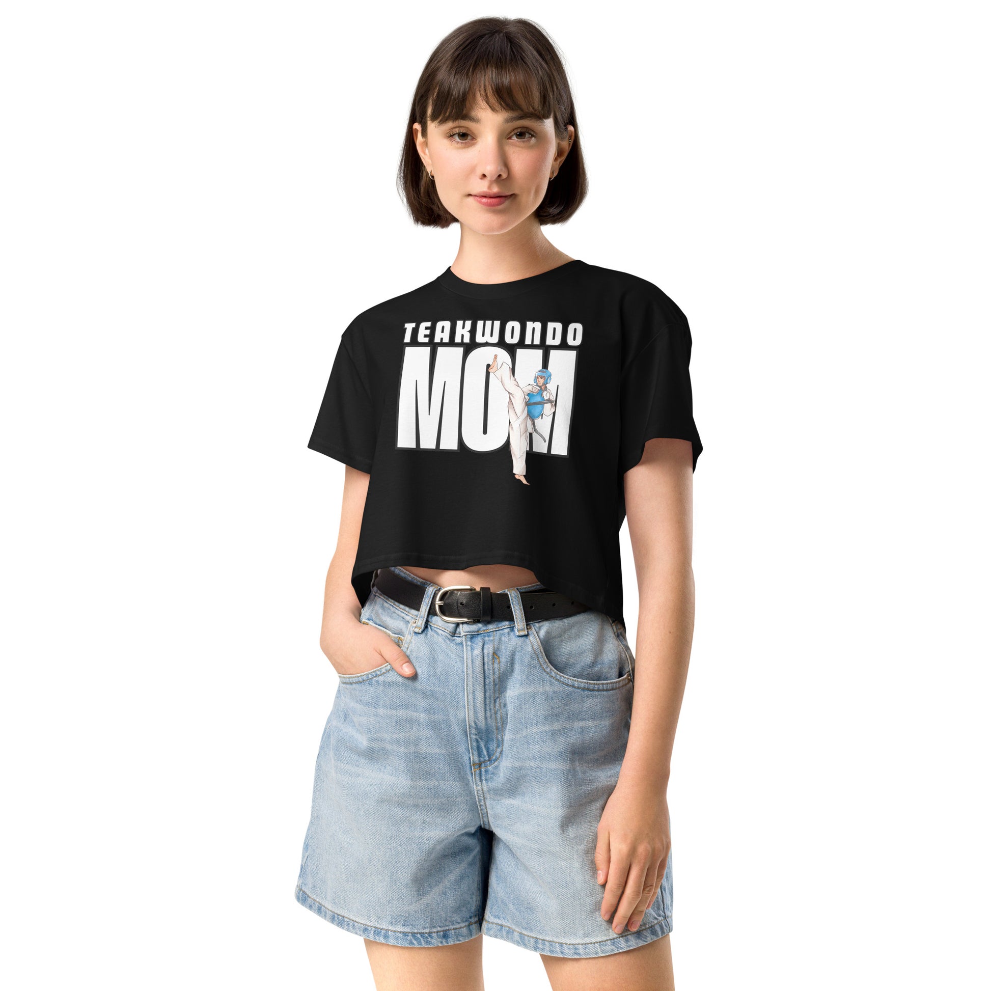 Taekwondo Mom women’s cropped cotton shirt with relaxed fit and martial arts lifestyle design by FitKickor.