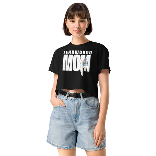 Taekwondo Mom women’s cropped cotton shirt with relaxed fit and martial arts lifestyle design by FitKickor.