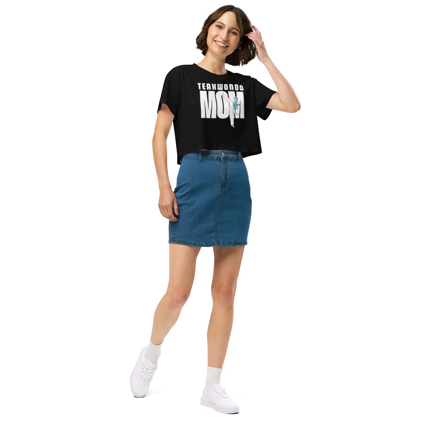 Taekwondo Mom women’s cropped  black cotton shirt with relaxed fit and martial arts lifestyle design by FitKickor.