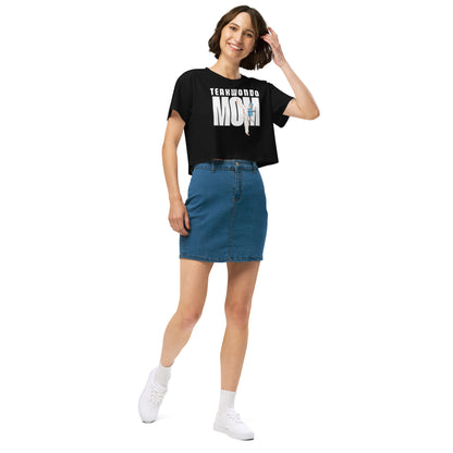 Taekwondo Mom women’s cropped  black cotton shirt with relaxed fit and martial arts lifestyle design by FitKickor.