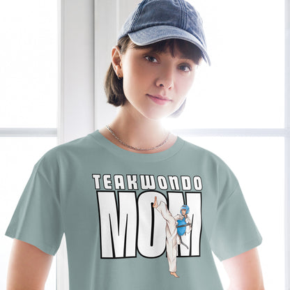 Taekwondo Mom women’s cropped  mineralcotton shirt with relaxed fit and martial arts lifestyle design by FitKickor.