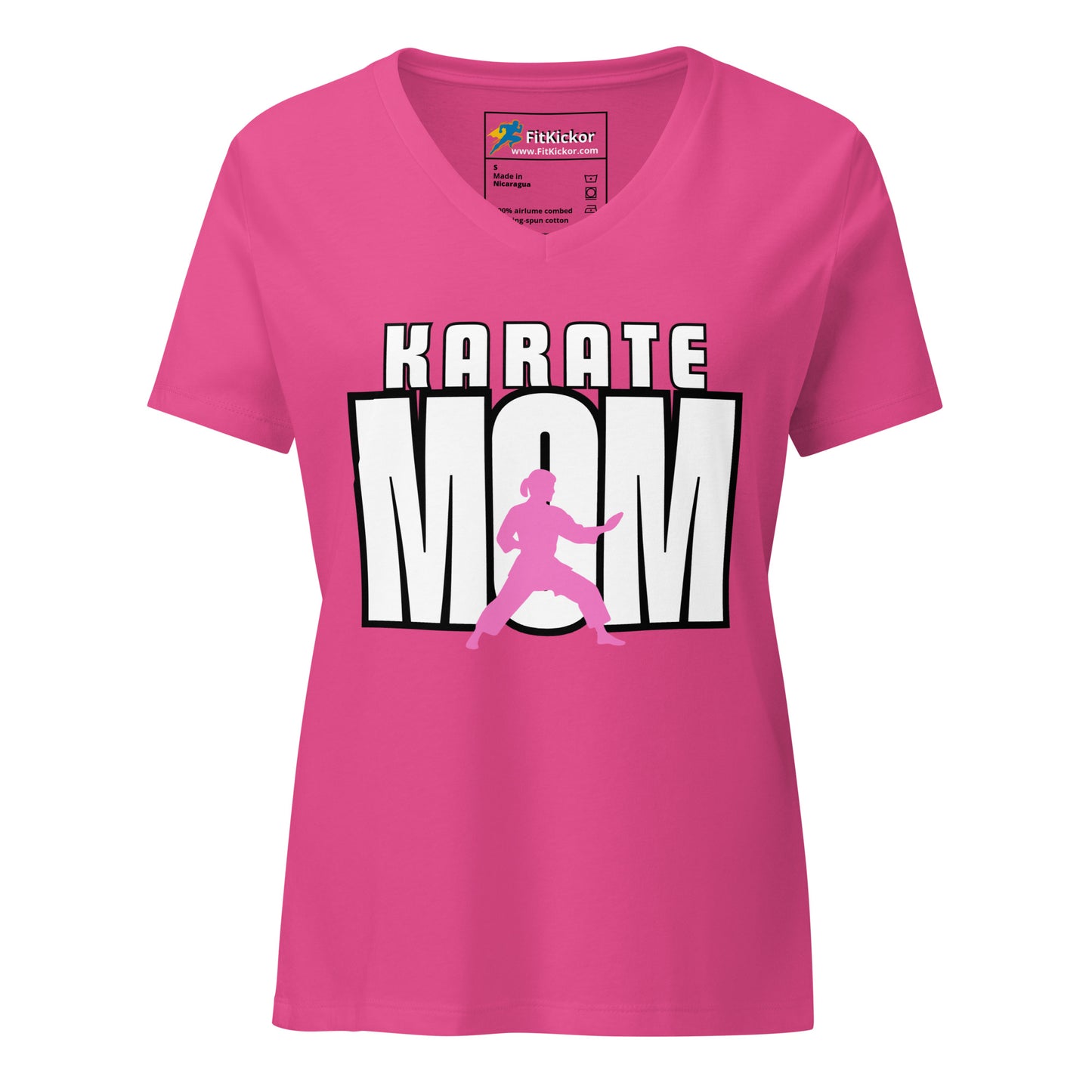 Women’s relaxed V-neck t-shirt with ‘Karate Mom’ design, showcasing martial arts parent pride. Soft, lightweight, and stylish FitKickor apparel.