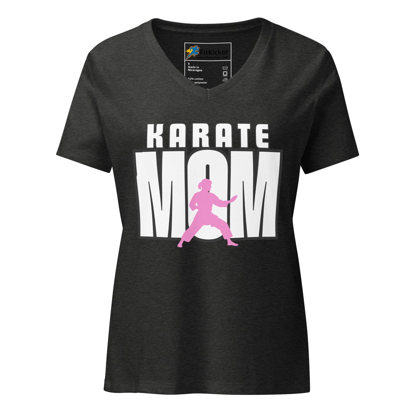 Women’s relaxed V-neck t-shirt with ‘Karate Mom’ design, showcasing martial arts parent pride. Soft, lightweight, and stylish FitKickor apparel.