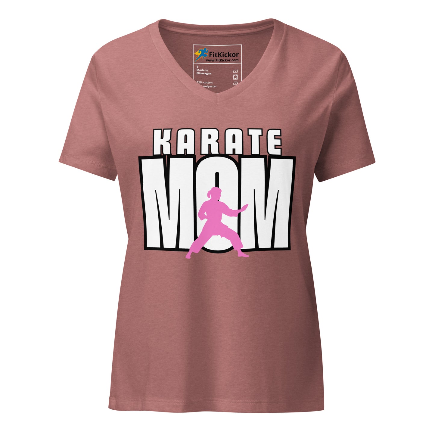 Women’s relaxed V-neck t-shirt with ‘Karate Mom’ design, showcasing martial arts parent pride. Soft, lightweight, and stylish FitKickor apparel.
