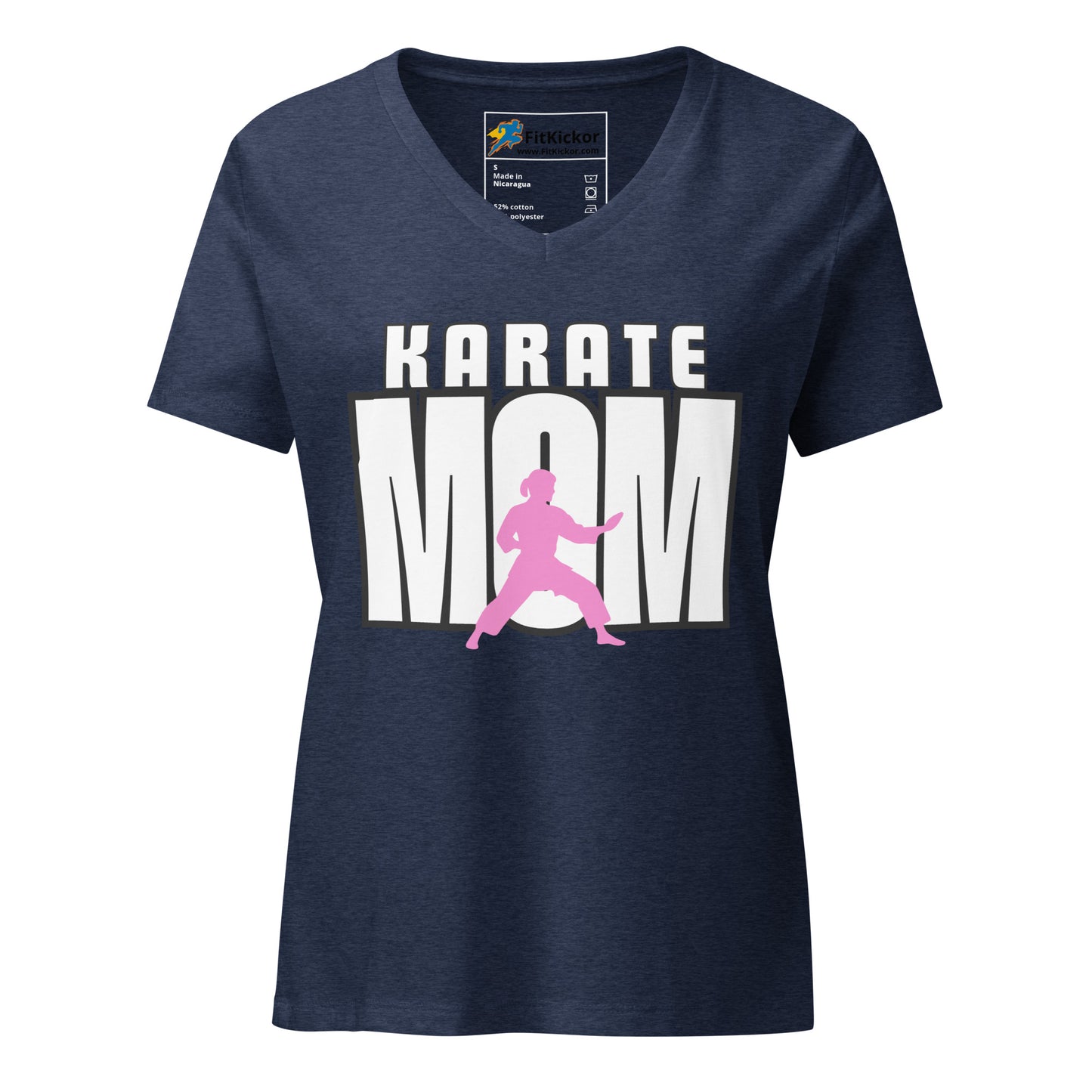 Women’s relaxed V-neck t-shirt with ‘Karate Mom’ design, showcasing martial arts parent pride. Soft, lightweight, and stylish FitKickor apparel.