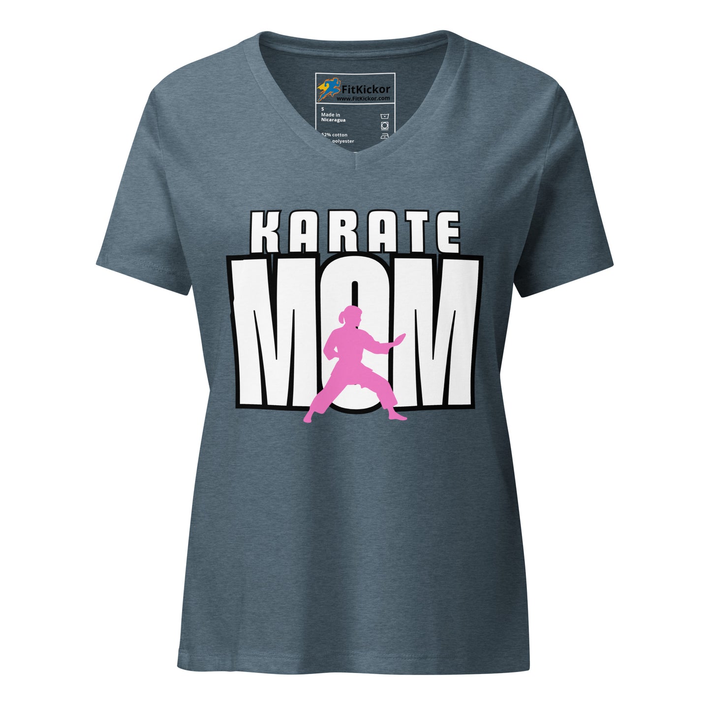 Women’s relaxed V-neck t-shirt with ‘Karate Mom’ design, showcasing martial arts parent pride. Soft, lightweight, and stylish FitKickor apparel.