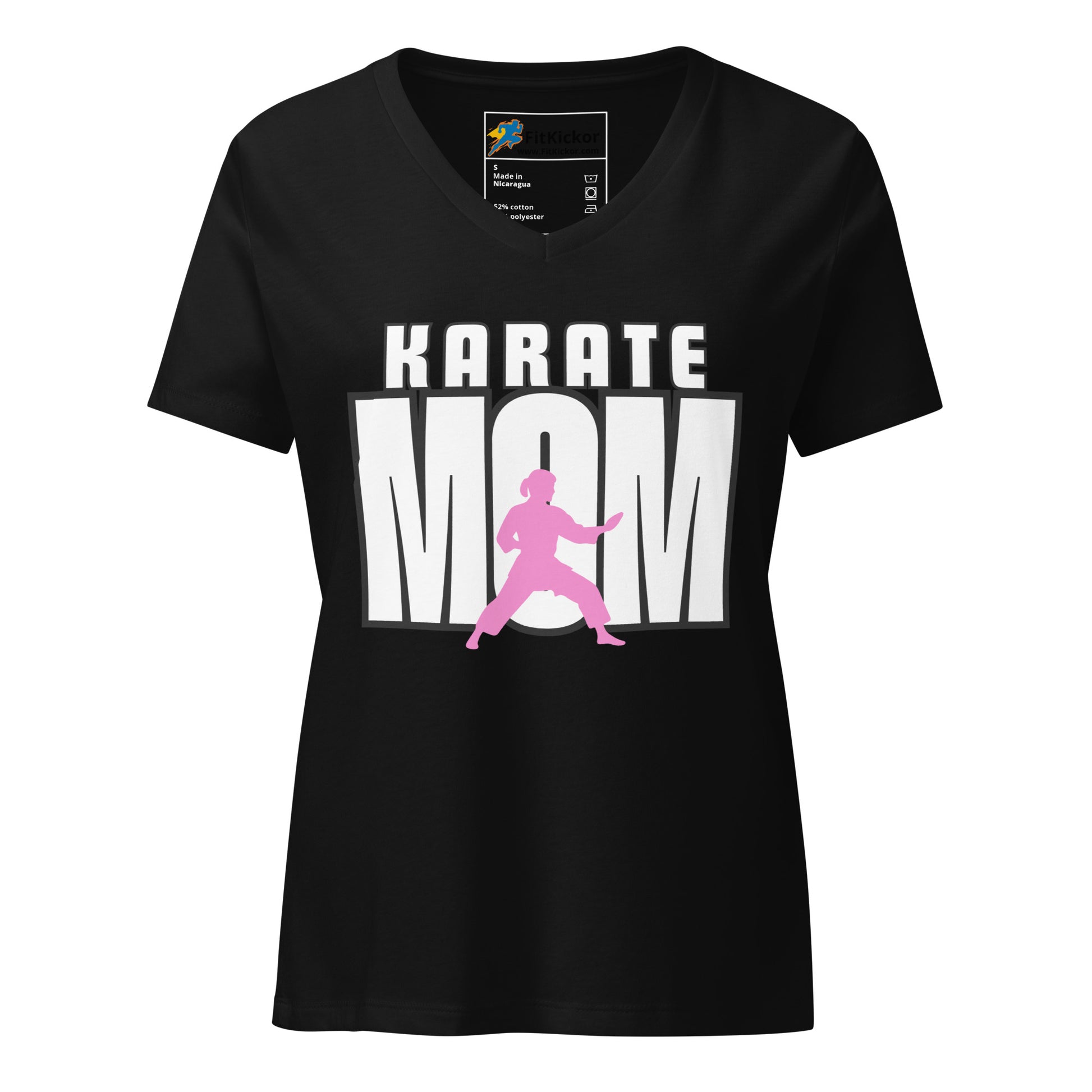 Women’s relaxed V-neck t-shirt with ‘Karate Mom’ design, showcasing martial arts parent pride. Soft, lightweight, and stylish FitKickor apparel.
