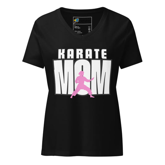 Women’s relaxed V-neck t-shirt with ‘Karate Mom’ design, showcasing martial arts parent pride. Soft, lightweight, and stylish FitKickor apparel.