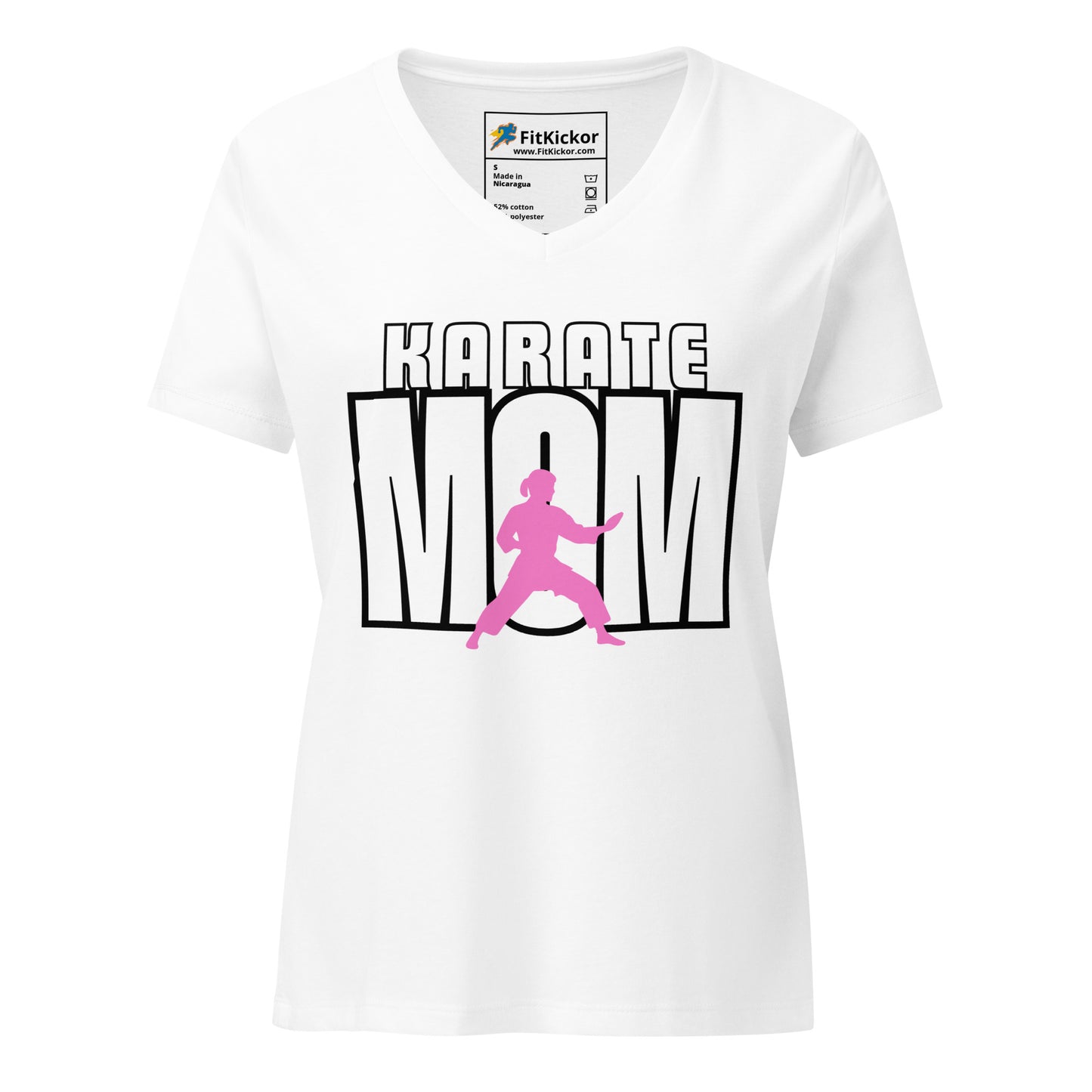 Women’s relaxed V-neck t-shirt with ‘Karate Mom’ design, showcasing martial arts parent pride. Soft, lightweight, and stylish FitKickor apparel.