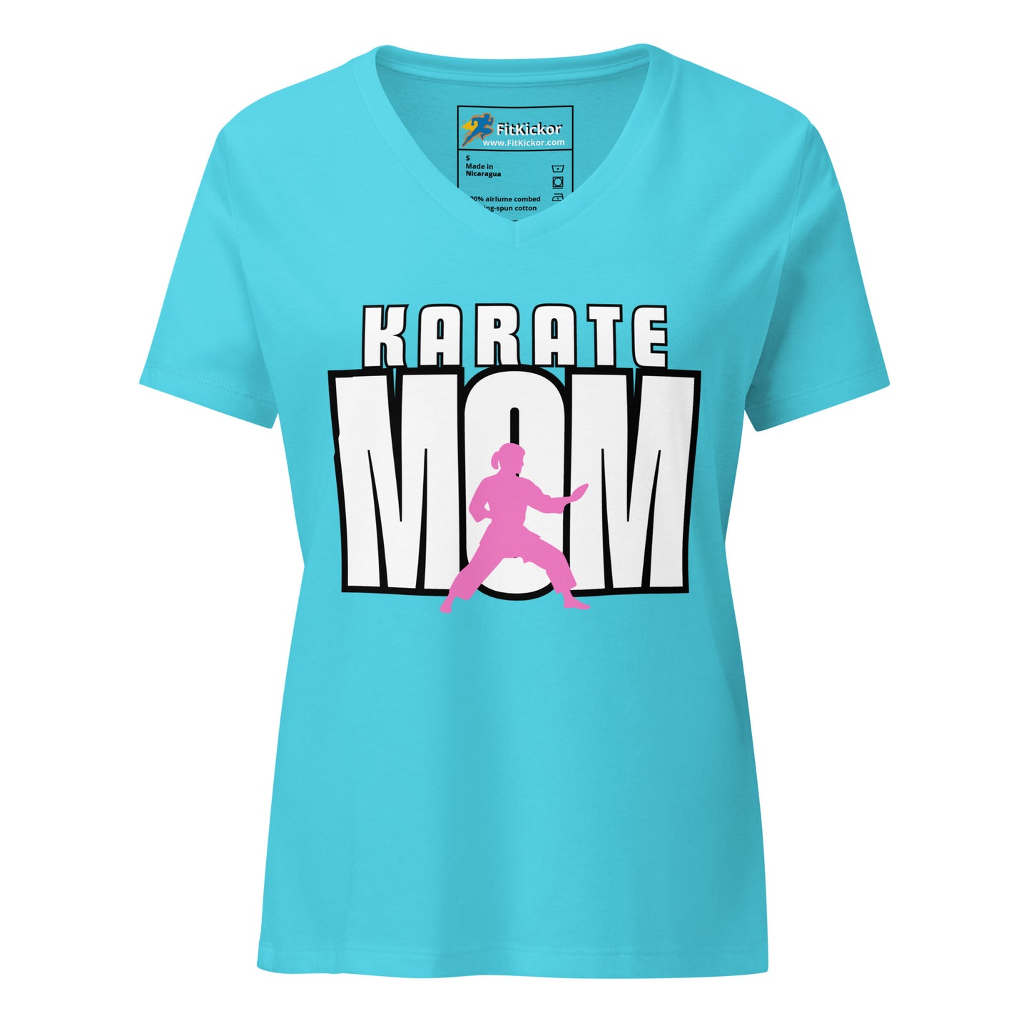 Women’s relaxed V-neck t-shirt with ‘Karate Mom’ design, showcasing martial arts parent pride. Soft, lightweight, and stylish FitKickor apparel.